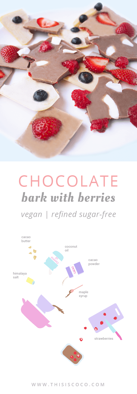 Healthy vegan chocolate bark with berries and coconut