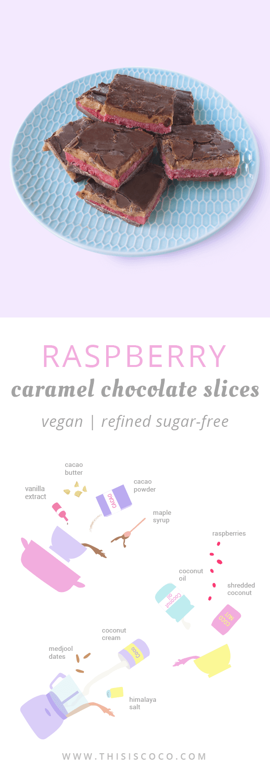 Vegan raspberry caramel chocolate slices