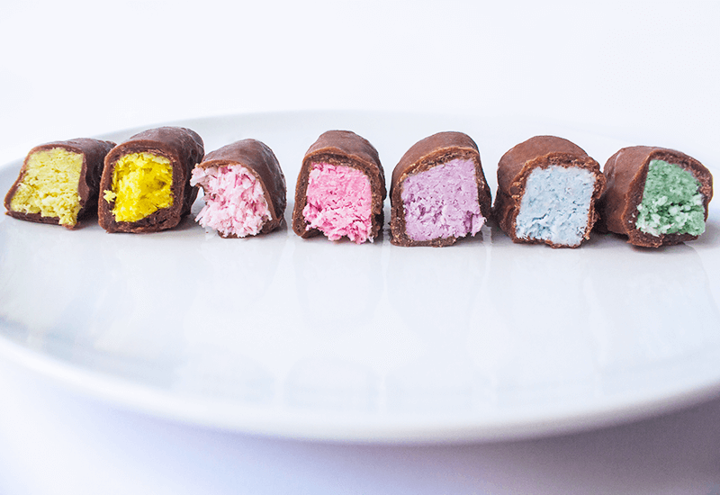 Rainbow bounty bars made with natural food coloring from fruit